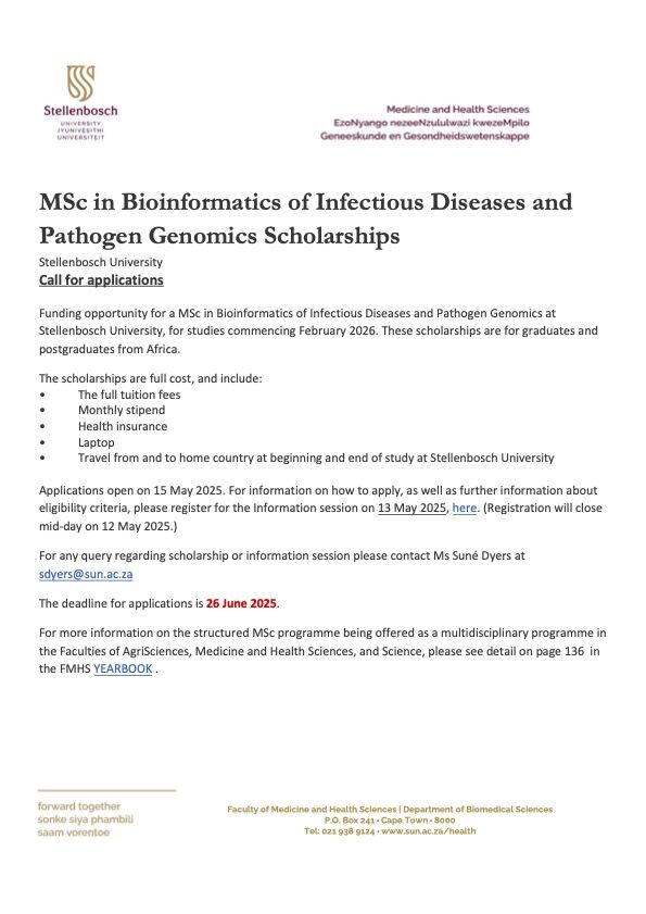 Scholarship for MSc in Bioinformatics of Infectious Diseases and Pathogen Genomics at Stellenbosch University