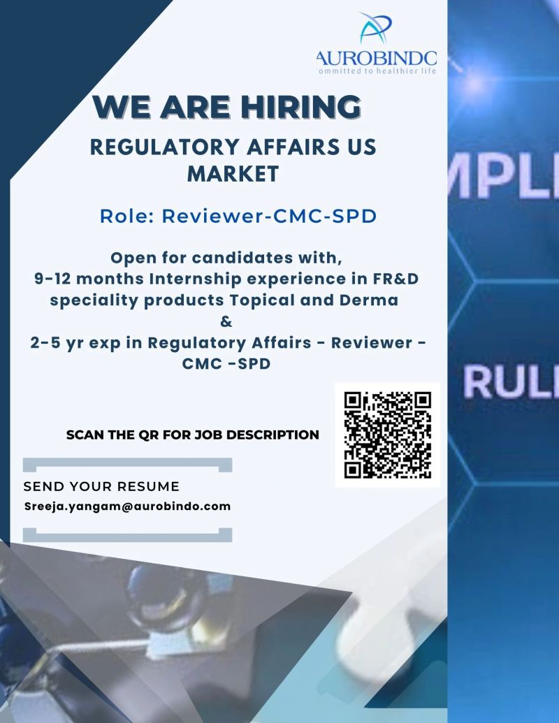 Reviewer – CMC Regulatory Affairs (SPD) | Topical & Derma Products | Aurobindo Pharma Hyderabad