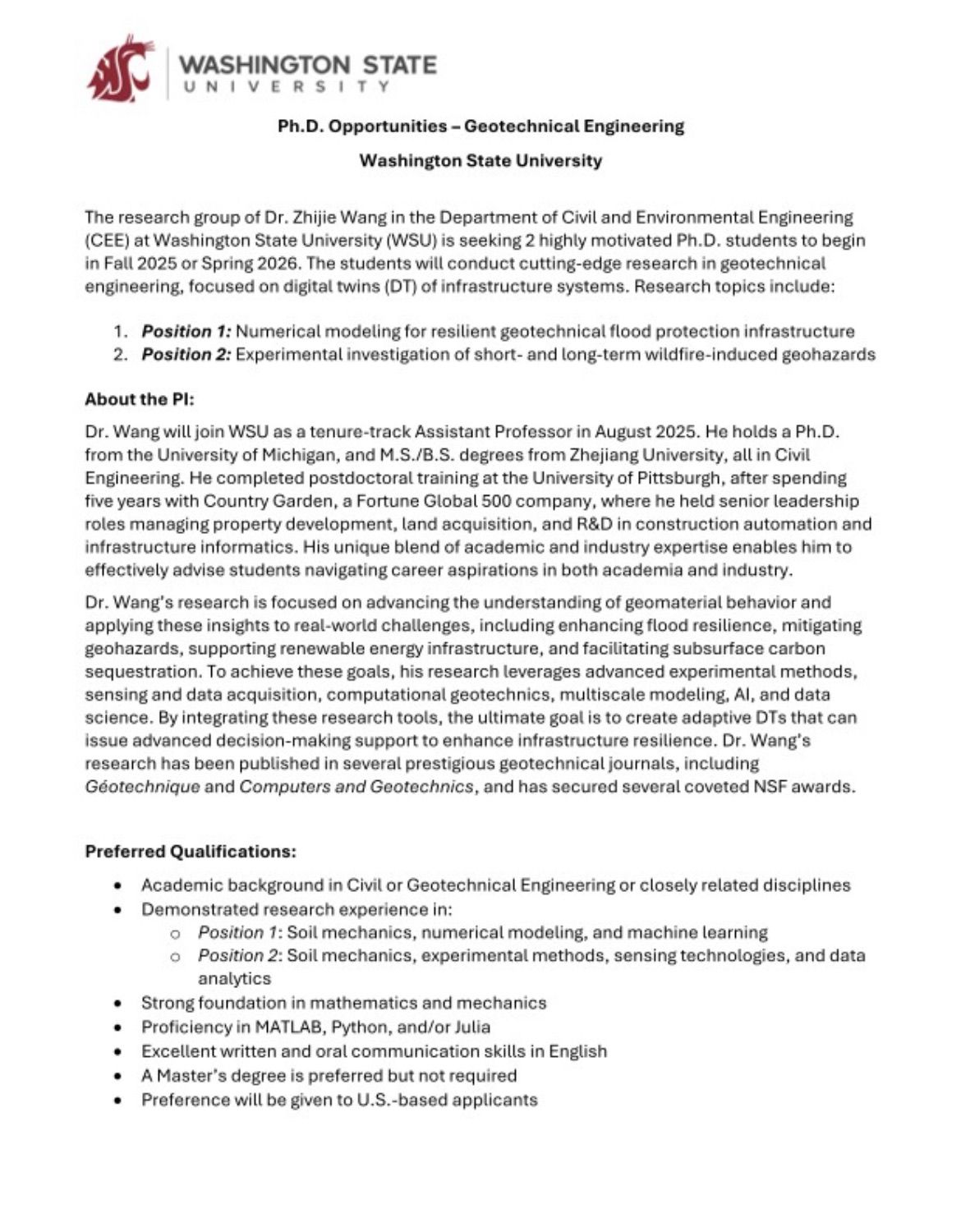 Ph.D. Opportunities in Digital Twin Modeling of Geotechnical Infrastructure | Prof. Wang | Washington State University