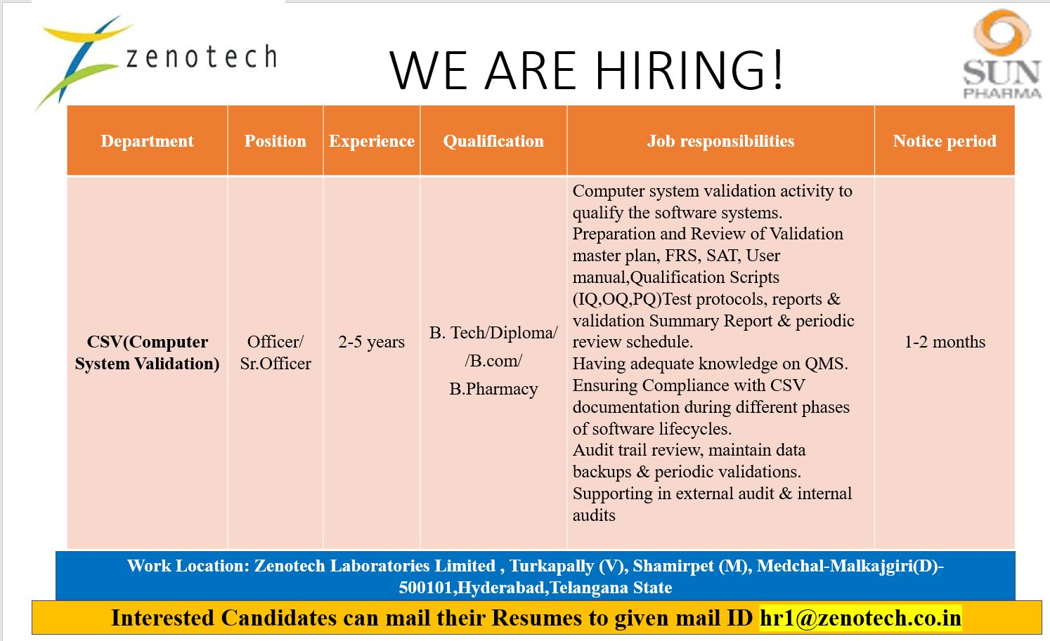 Zenotech (Sun Pharma) Hiring CSV Officer/Senior Officer in Hyderabad | High Paying Pharma IT Jobs