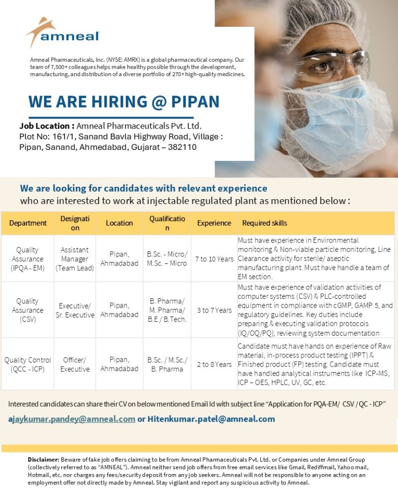 Amneal Pharmaceuticals Hiring for QA & QC Jobs in Ahmedabad – Apply Now for High-Paying Pharma Careers