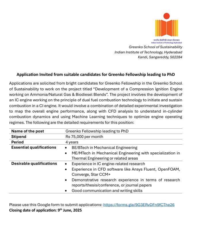 Fully Funded PhD Opportunity at IIT Hyderabad: Ammonia-Powered Dual-Fuel Engine Research with Enhanced Stipend<span class=