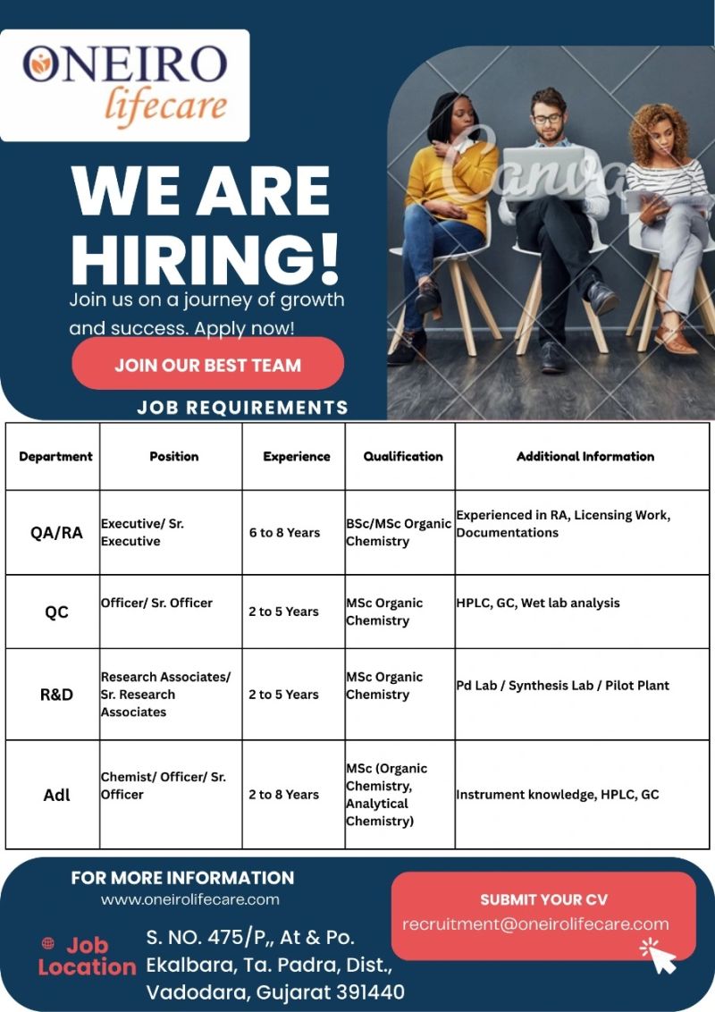 Oneiro Lifecare Hiring QA, QC, R&D & ADL Professionals in Vadodara – Pharma Jobs 2025