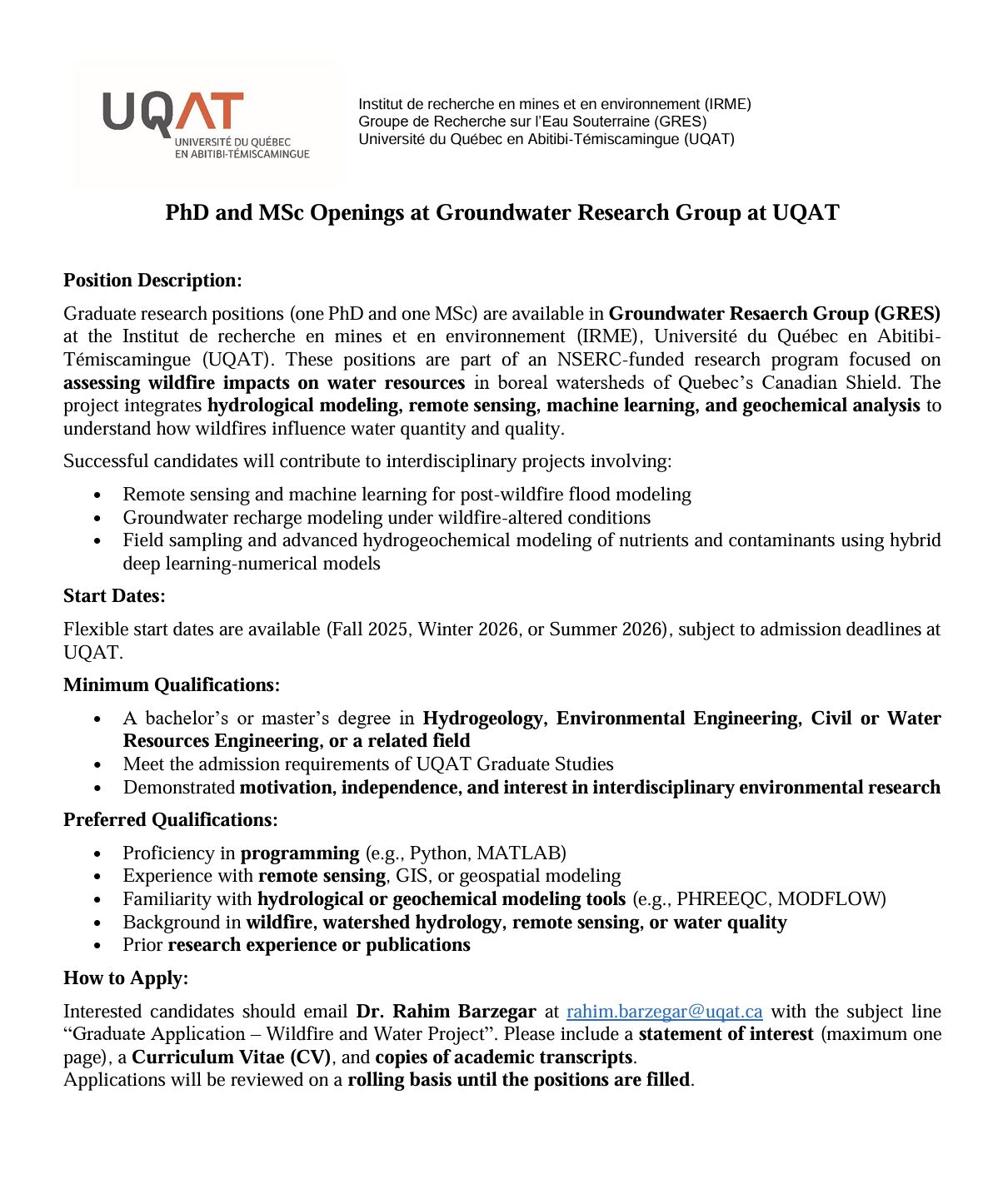 Graduate Research Opportunities in Wildfire & Water Resources – PhD & MSc Positions at UQAT (IRME)