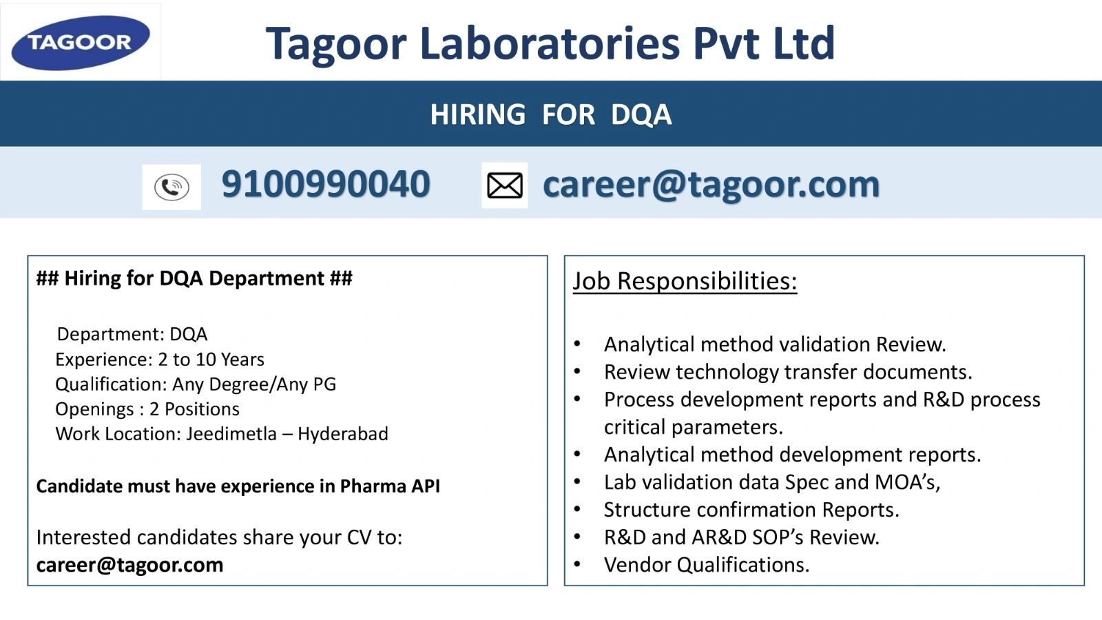 Now Hiring for DQA Department at Tagoor Laboratories | Apply for High-Paying Pharma Jobs in India – 2 to 10 Years Experience