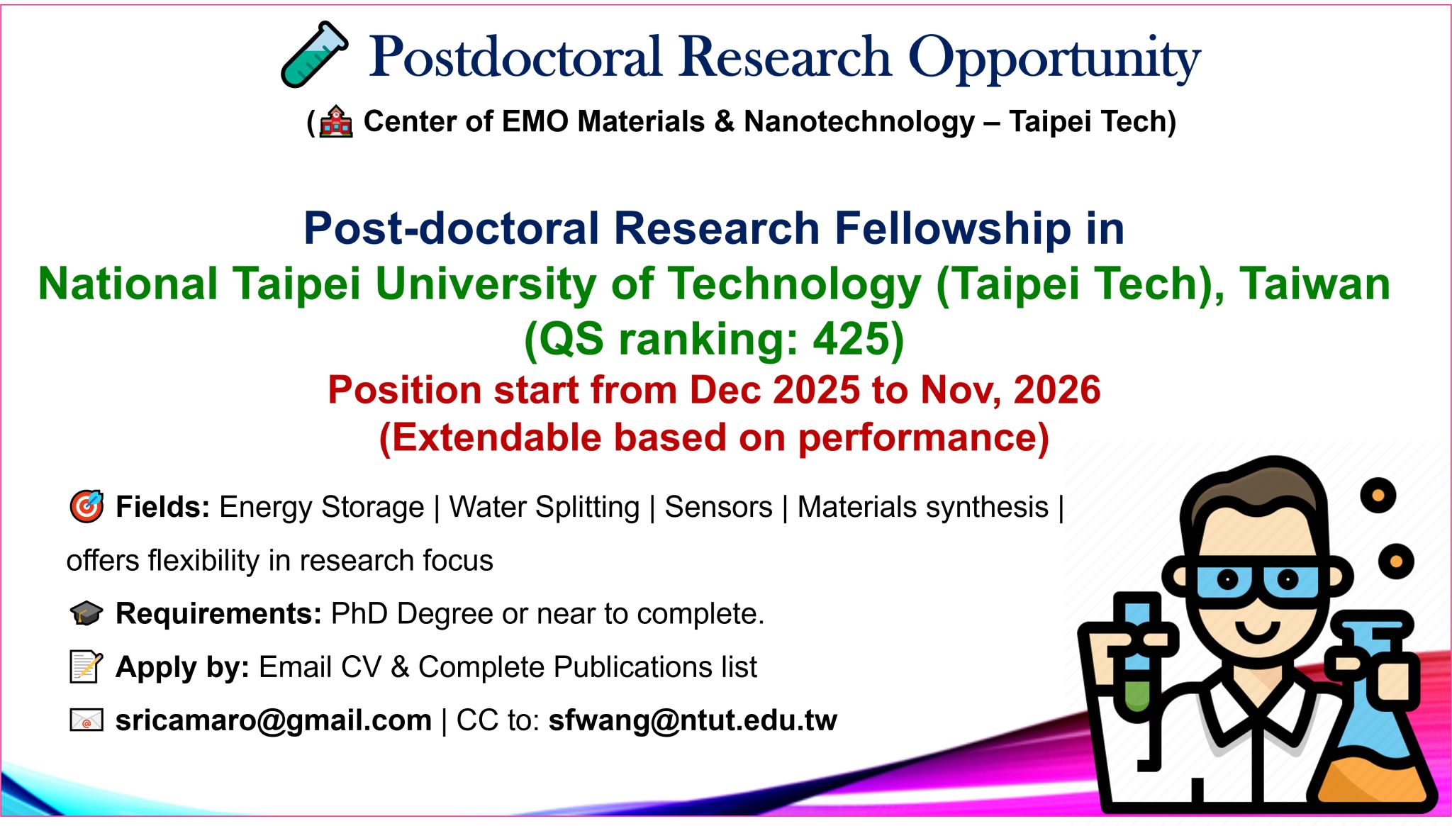 Postdoc Researcher Jobs in Materials & Nanotech – Taiwan