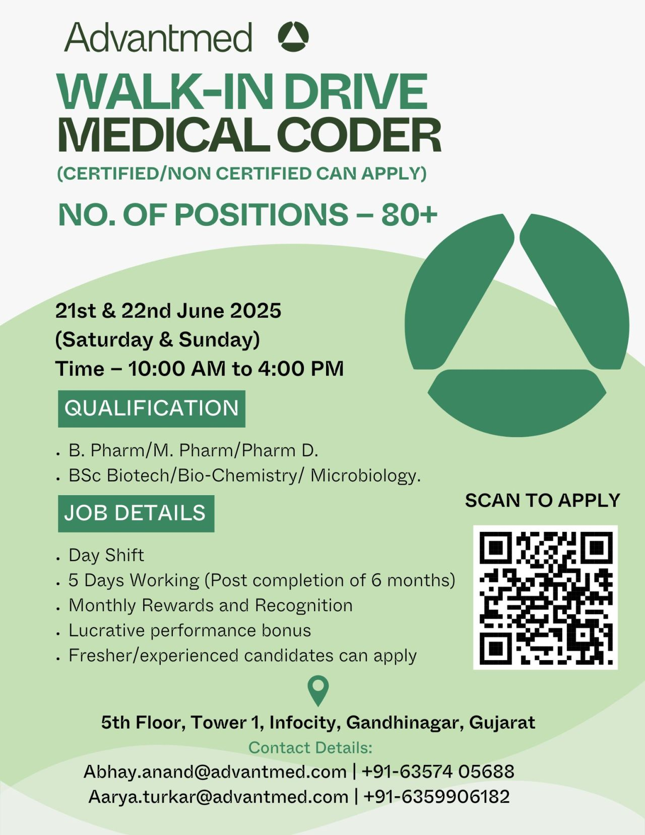 Advantmed Walk-In for 80+ Medical Coder Jobs in Gandhinagar – June 21 & 22, 2025 | Freshers & Experienced (0–5 Yrs)