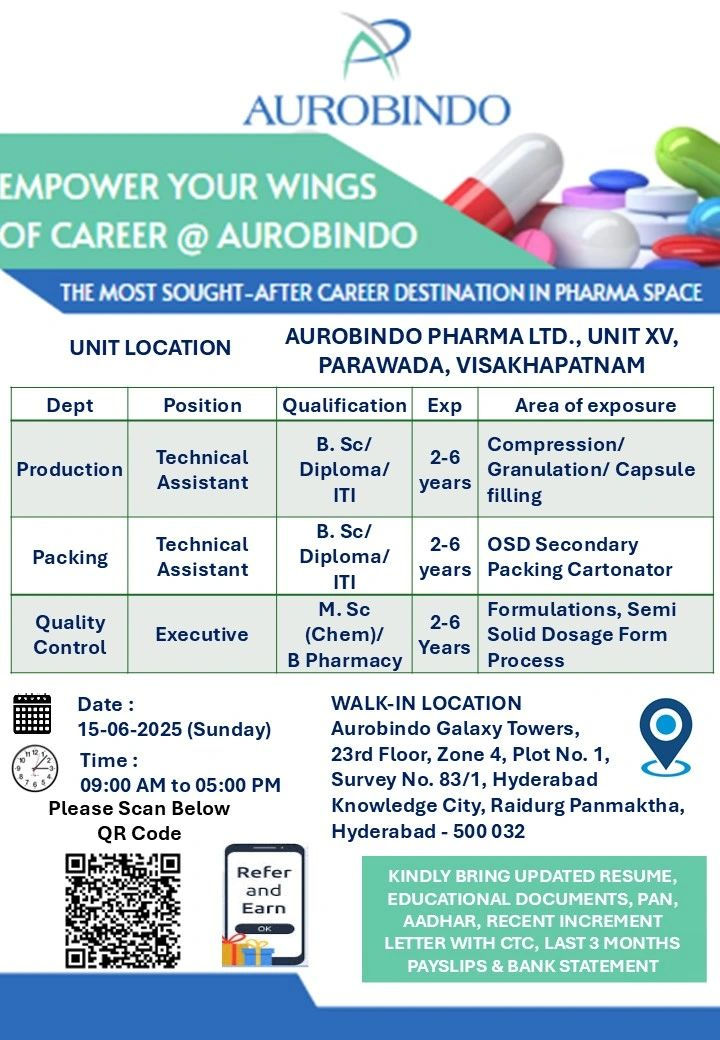 Aurobindo Pharma Walk-In Interview – Production, Packing & QC Jobs | 15 June 2025 | Visakhapatnam Unit XV