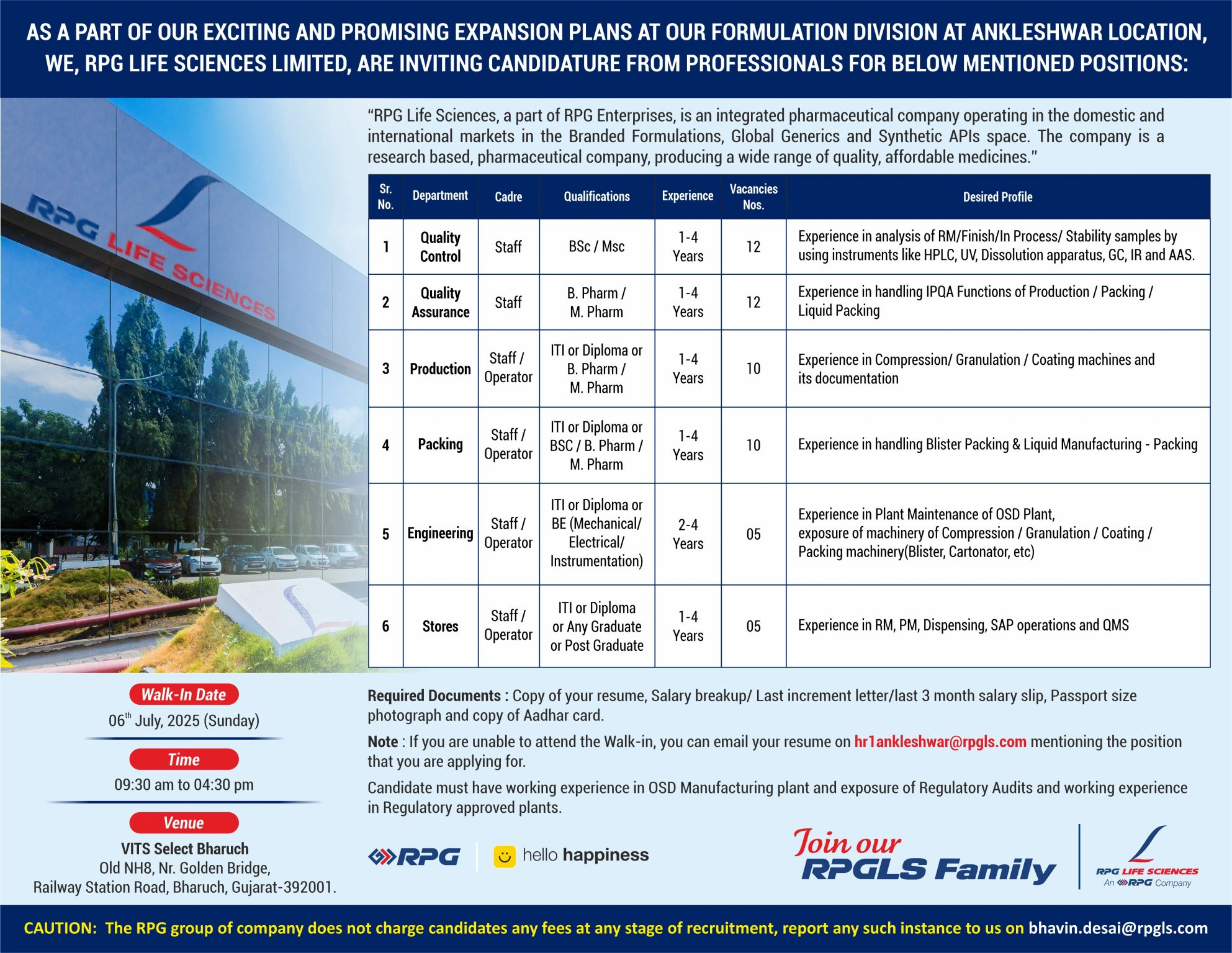RPG Life Sciences Walk-In Drive on July 6, 2025 – Hiring for QA, QC, Production, Packing, Engineering & Stores Roles