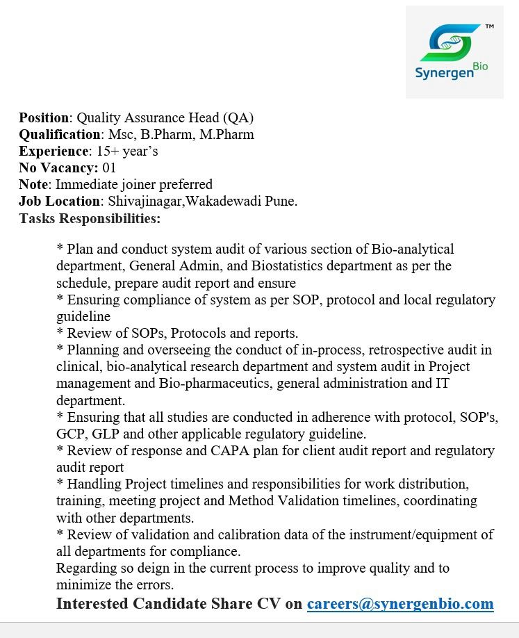 Synergen Bio Hiring QA Head | M.Sc/B.Pharm/M.Pharm Jobs in Pune 2025