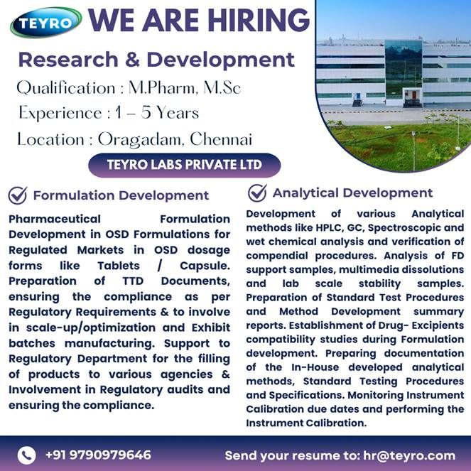 Teyro Labs Hiring R&D Professionals – Formulation & Analytical Development Jobs in Chennai 2025 | Apply Now