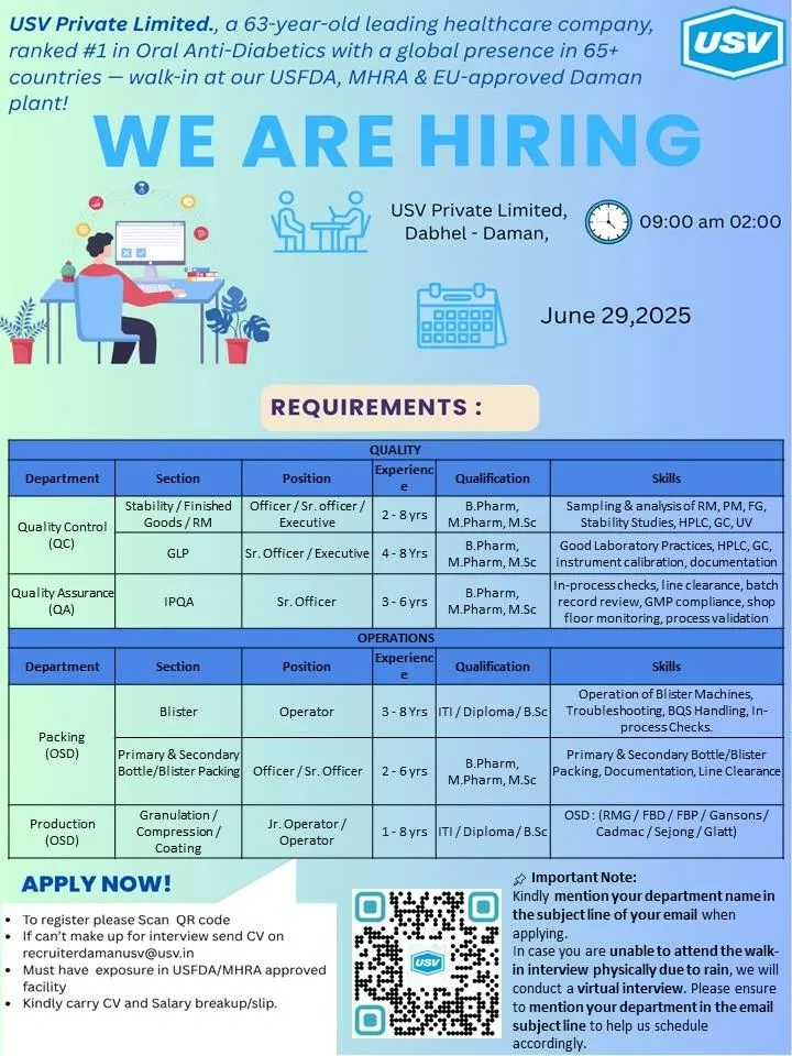 USV Pvt. Ltd. Walk-In Interview for Production, Packing, QA, QC Jobs – 29th June 2025