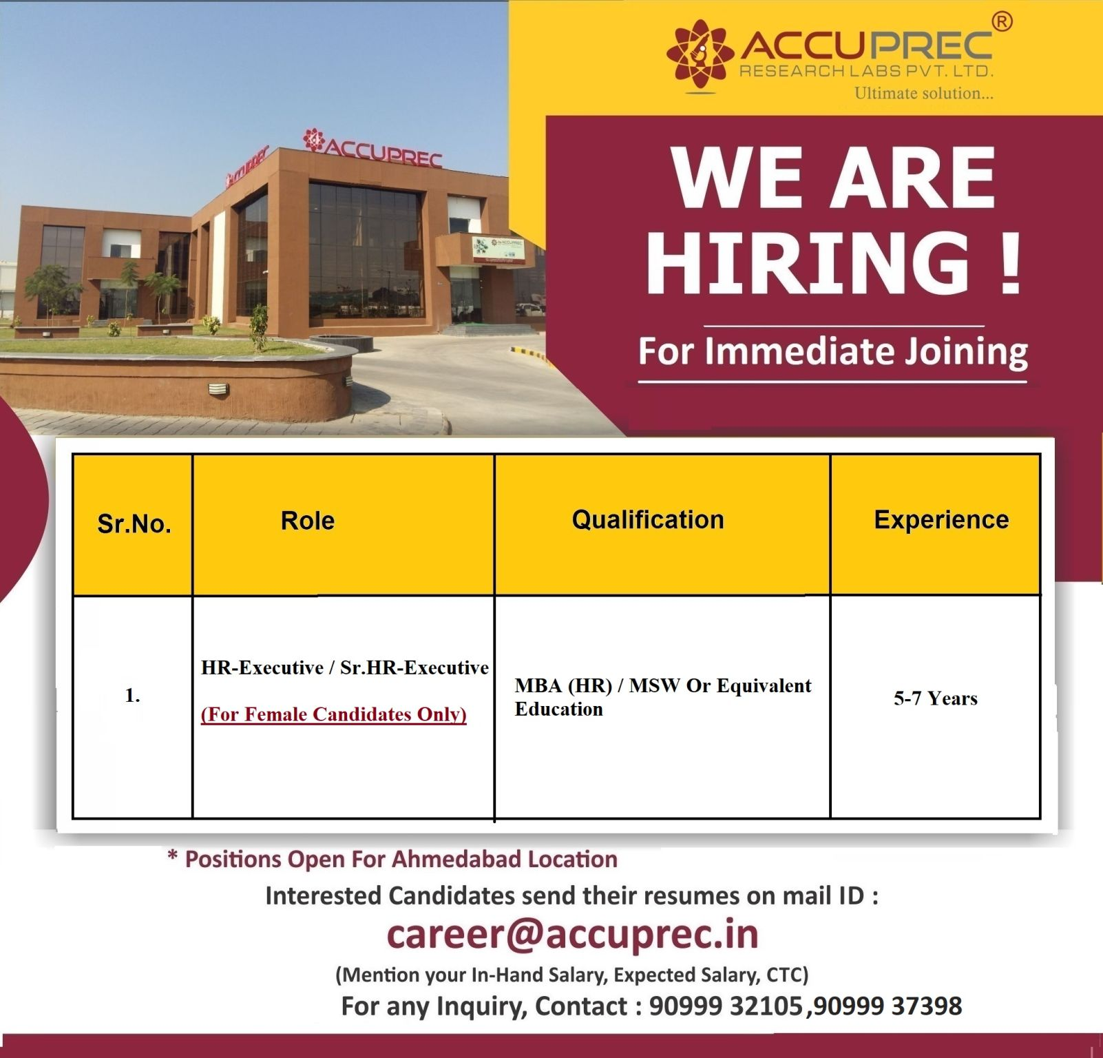 Accuprec Research Labs Hiring HR-Executive / Sr. HR-Executive – Ahmedabad Jobs for Women | June 2025