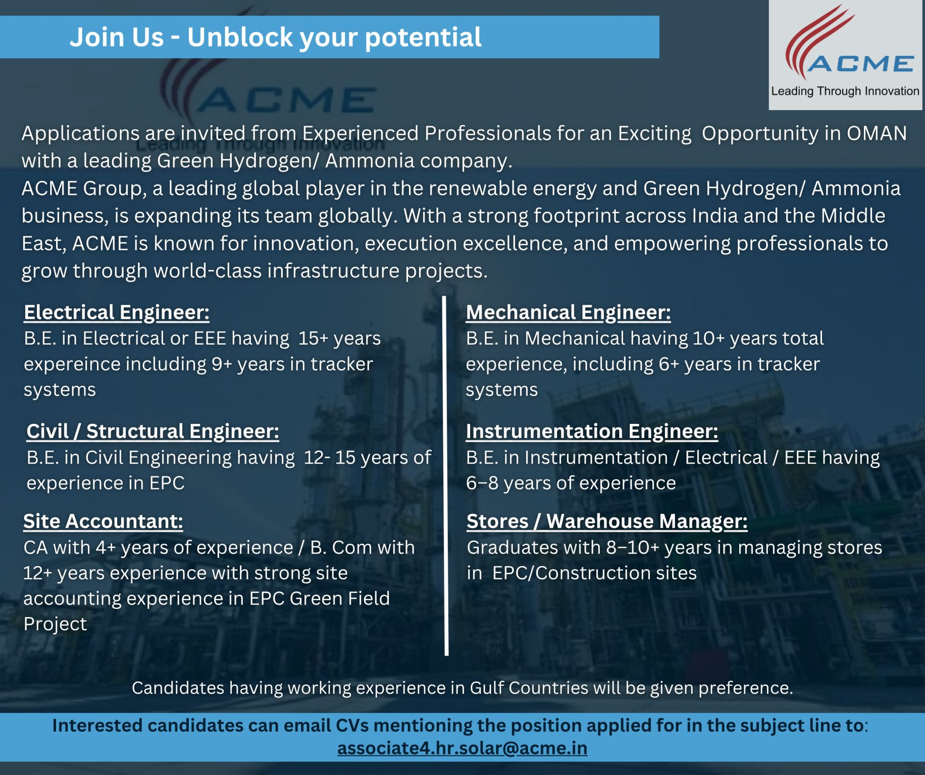 High-Paying Green Hydrogen & Ammonia Jobs in Oman – ACME Group Walk-In Interview June 2025