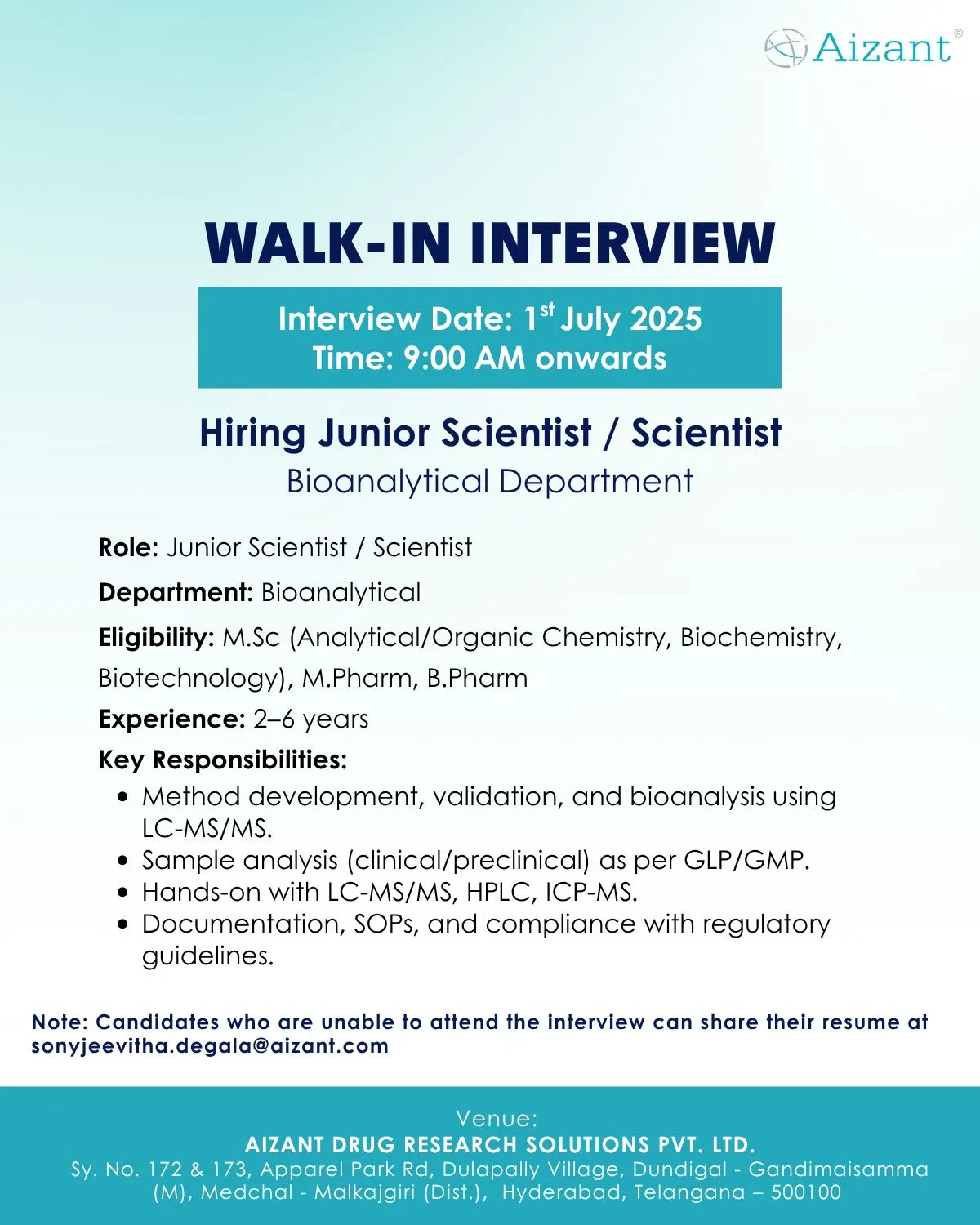 Aizant Drug Research Solutions Walk In Interview – Bioanalytical Dept Hiring Junior Scientist/Scientist