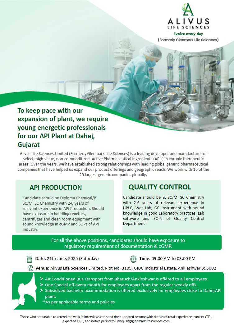 Alivus Life Sciences Walk-In 2025 | High Paying API Production & QC Jobs in Gujarat | Apply Now