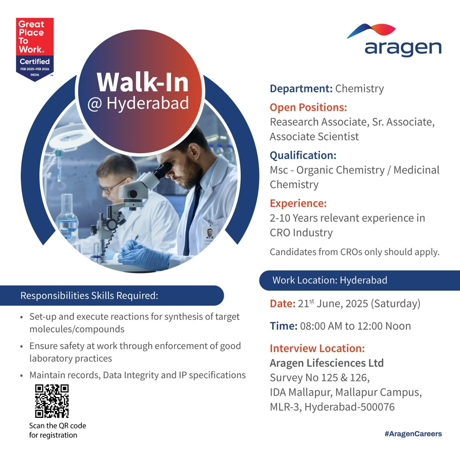 Aragen Life Sciences Walk-In Interview 2025: Chemistry Research Jobs in Hyderabad | High-Paying CRO Roles