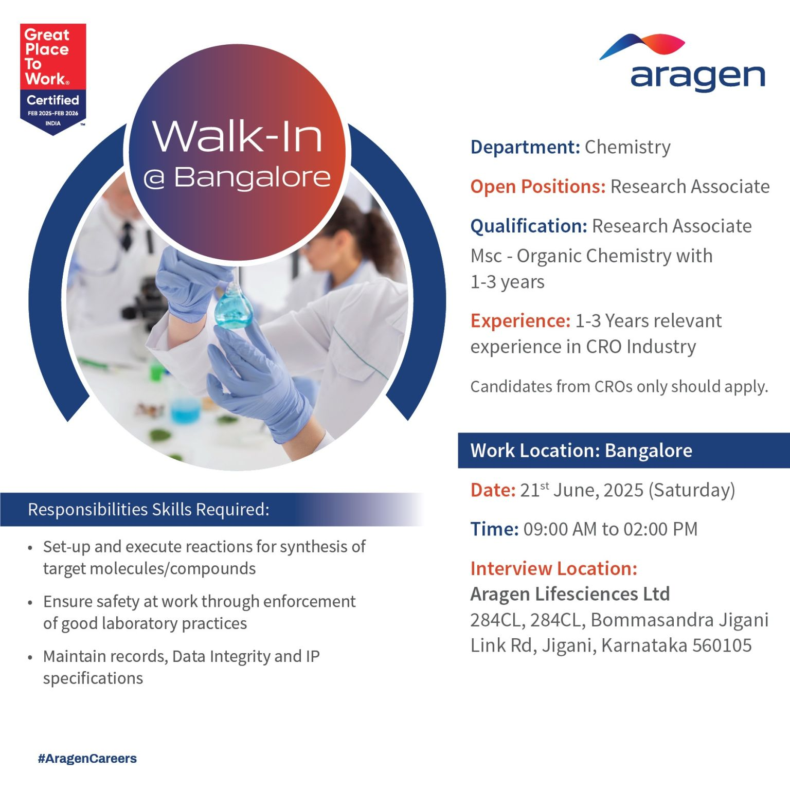 Aragen Life Sciences Walk-In for Research Associate – Chemistry in Bengaluru | 21st June 2025 | CRO Industry Hiring