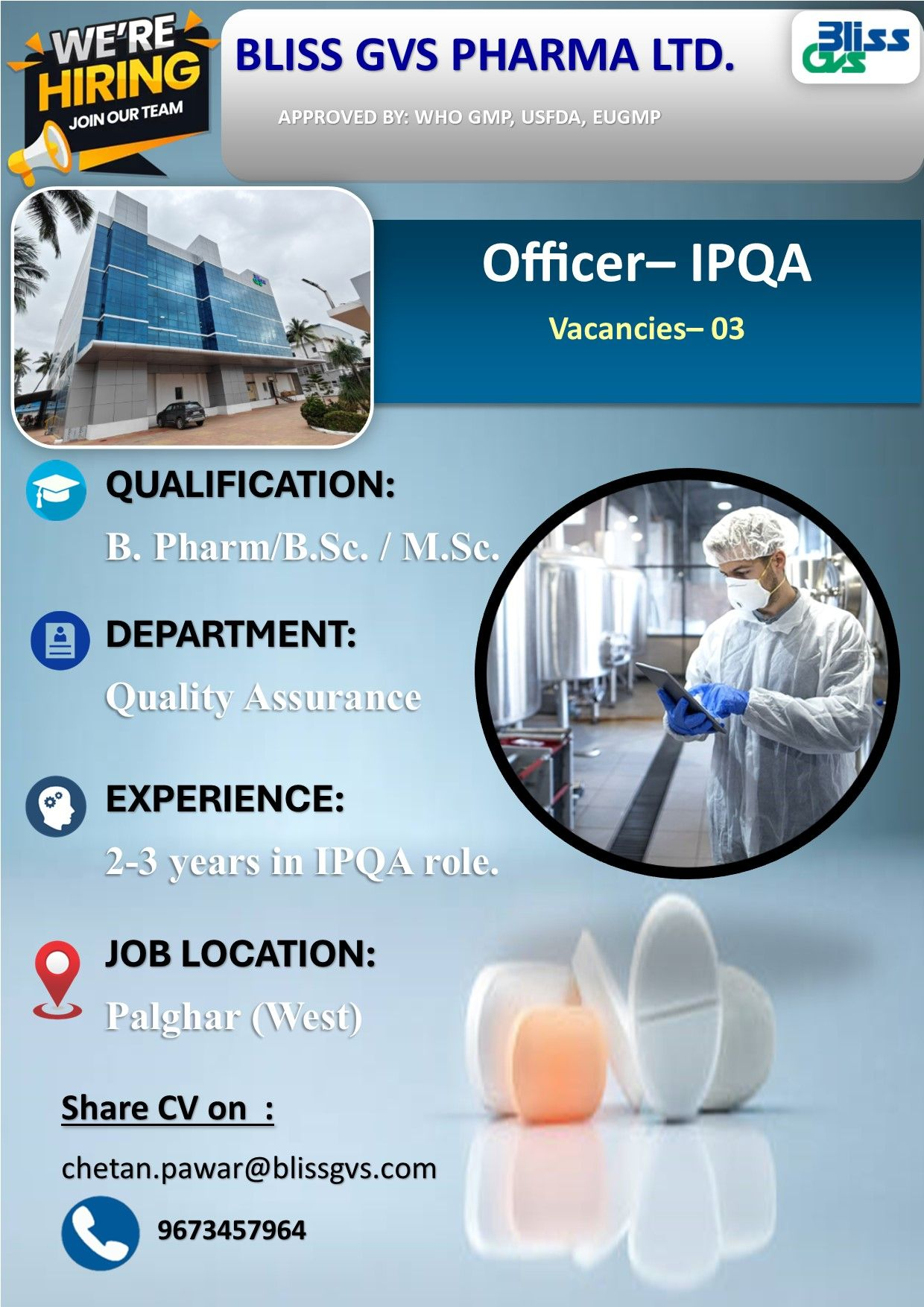 Bliss GVS Pharma Hiring Officer-IPQA in Palghar – Apply for High-Paying QA Jobs in Pharma Industry (B.Pharm/B.Sc/M.Sc)