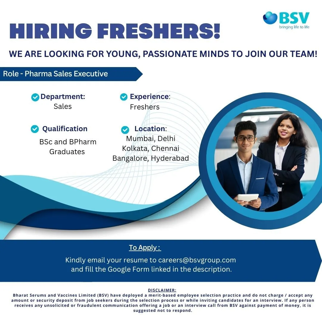 Bharat Serums and Vaccines (BSV) Hiring B.Pharm & B.Sc Freshers as Sales Trainees | Pharma Jobs in Mumbai, Delhi, Hyderabad, Bangalore & More – Apply Now!
