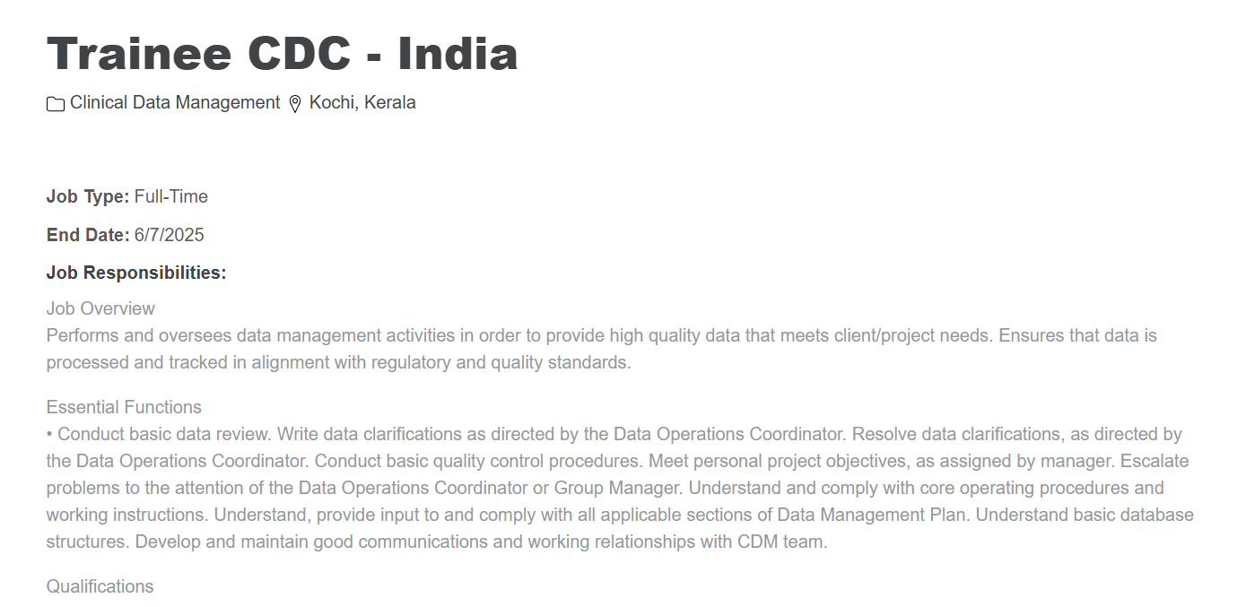 IQVIA Hiring Trainee Clinical Data Coordinator in Kochi – June 2025