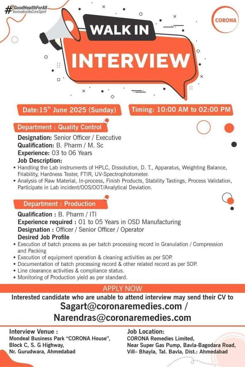CORONA Remedies Walk-In Interview on 15th June for QC & Production Jobs – Apply Now in Ahmedabad