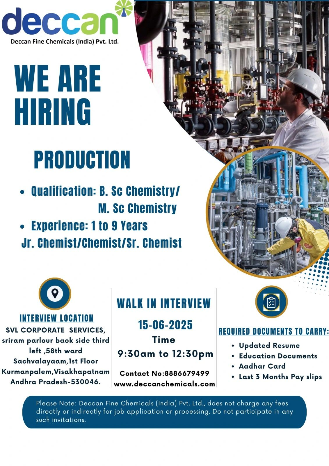 Deccan Fine Chemicals Walk-In Interview for Production Chemists | B.Sc/M.Sc Chemistry Jobs in Tuni – 15th June 2025