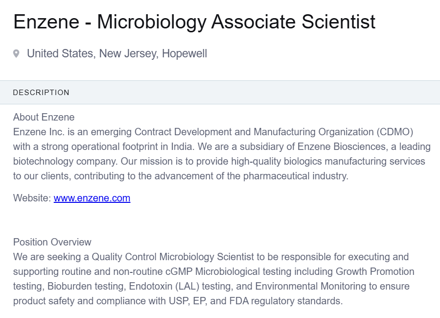 Enzene Careers 2025: Microbiology Associate Scientist Jobs in Hopewell, NJ | $56,000–$72,000 Salary