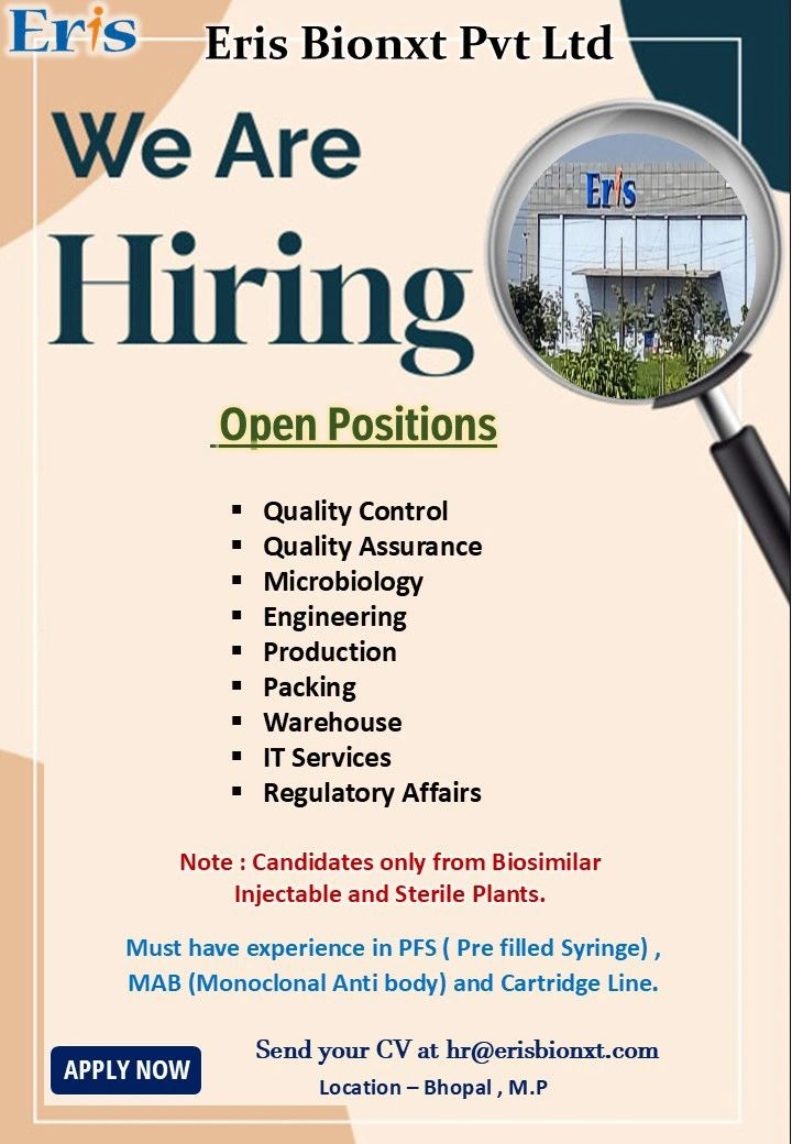 Eris Bionxt Hiring 2025: Multiple Job Openings in QA, QC, Production, Regulatory & More