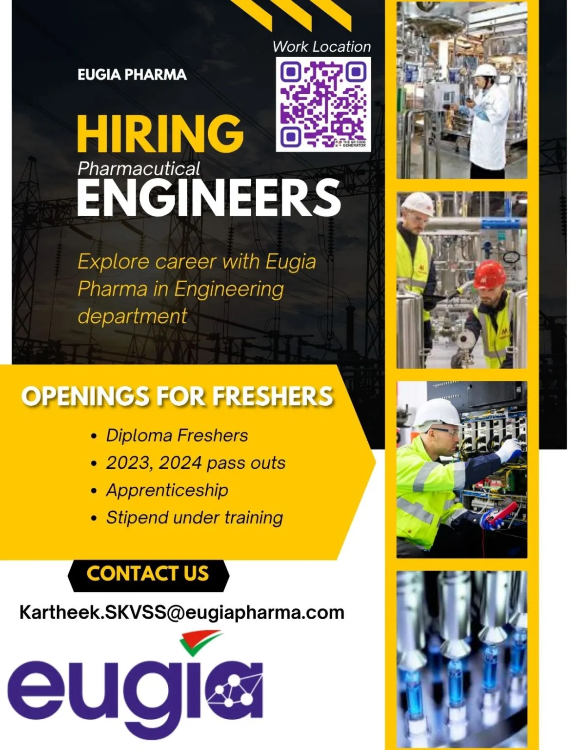 Eugia Pharma Hiring Diploma Freshers for Engineering Apprenticeship in Hyderabad 2025 | Pharma Manufacturing Careers