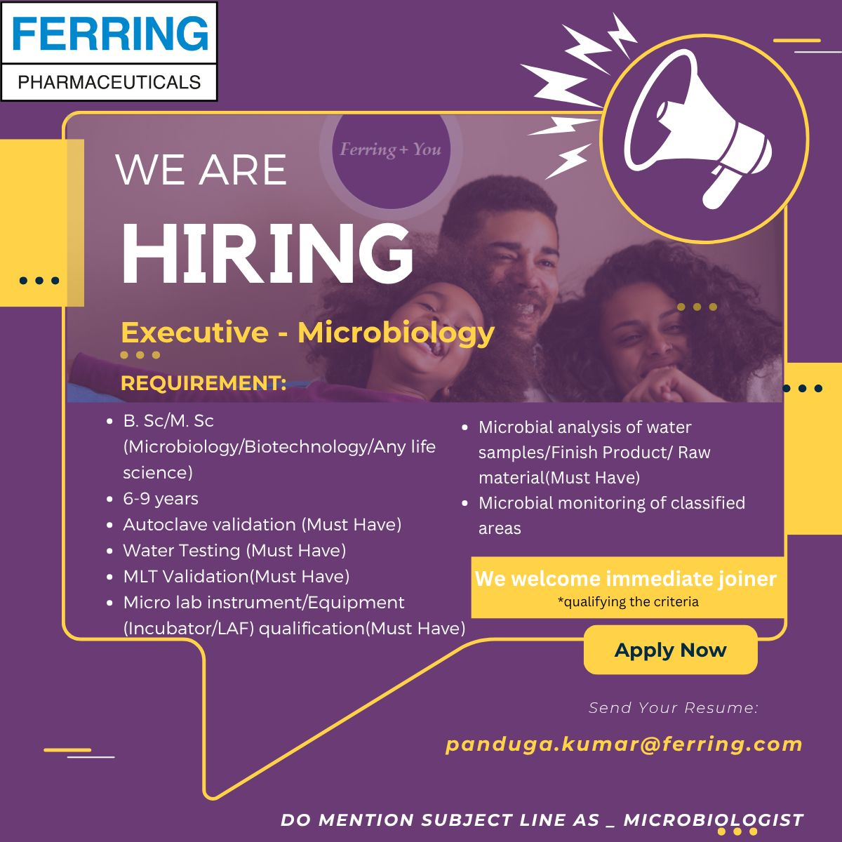 Ferring Pharmaceuticals Hiring Executive – Microbiology in Hyderabad | Apply by June 30, 2025