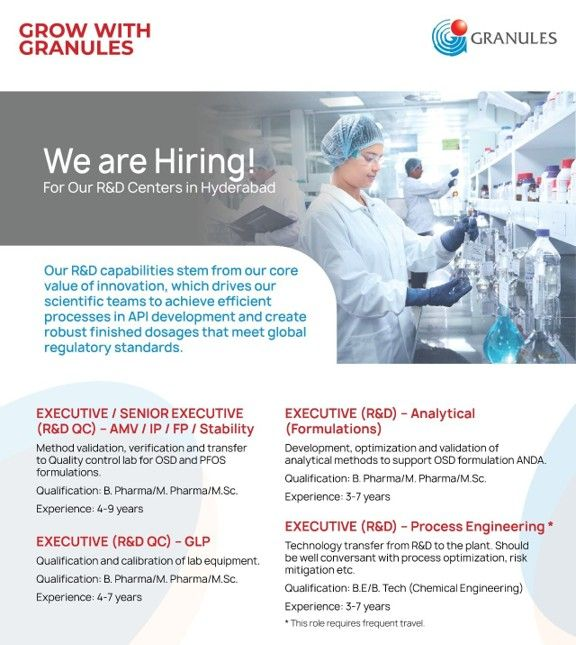 Granules India Limited Walk-In Drive 2025 – R&D Jobs in Hyderabad for Pharma & Chemical Engineers