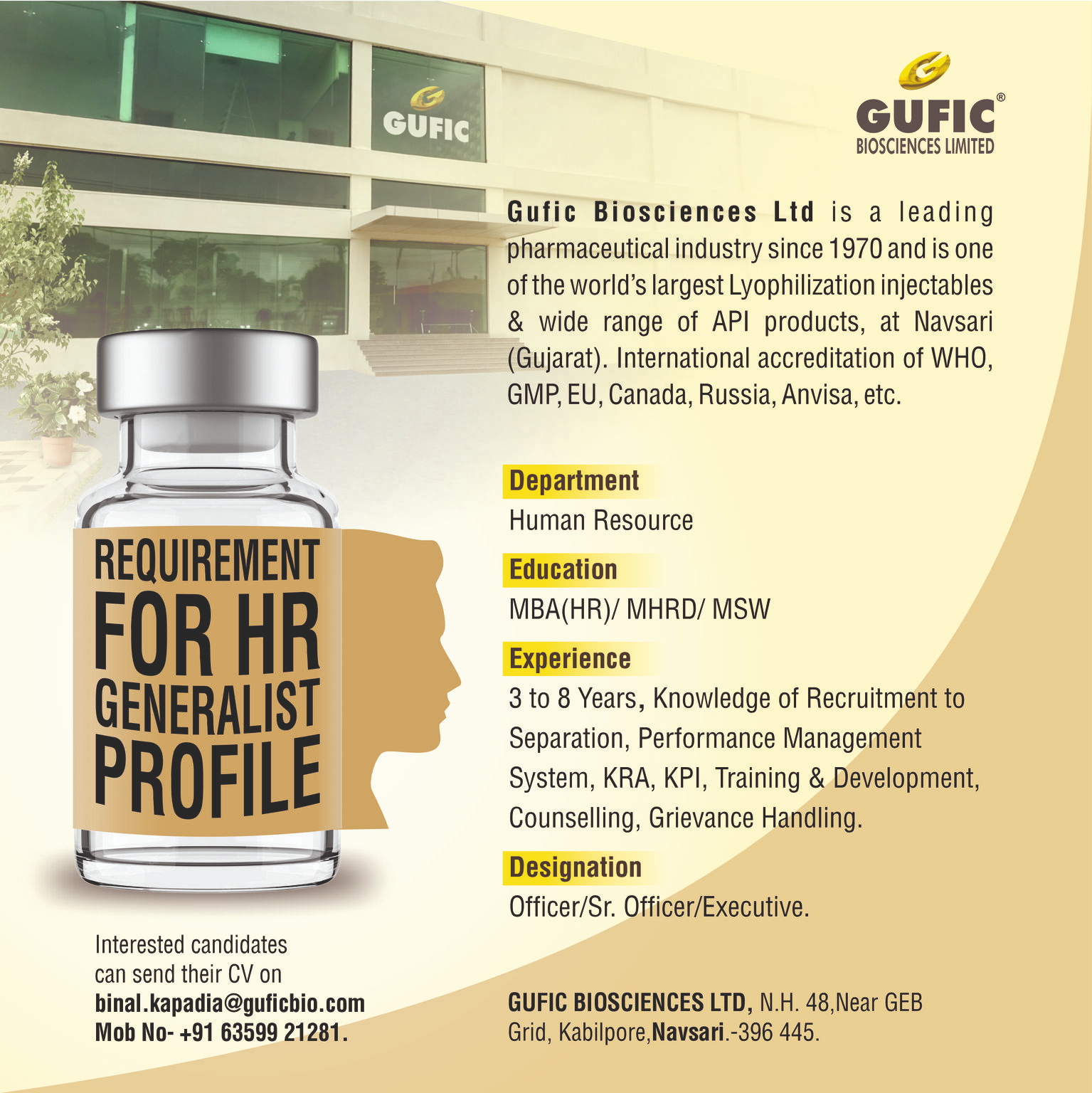 Gufic Biosciences HR Generalist Job Opening in Navsari 2025 | High Salary Pharma HR Jobs India