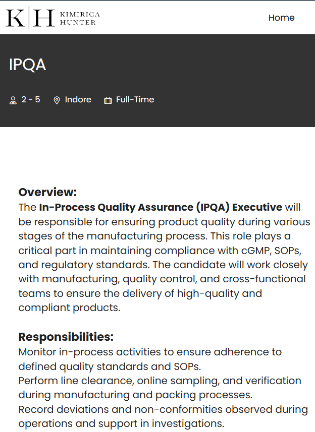 Kimirica Hunter Hiring IPQA Executive – B.Pharm/M.Pharm Jobs in Pharma & FMCG Sector