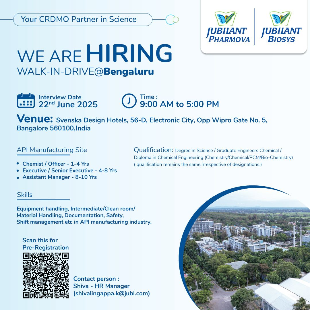 Jubilant Pharmova Walk-In Interview for API Manufacturing Jobs in Bengaluru on 22nd June 2025 | Chemist, Executive & Manager Roles