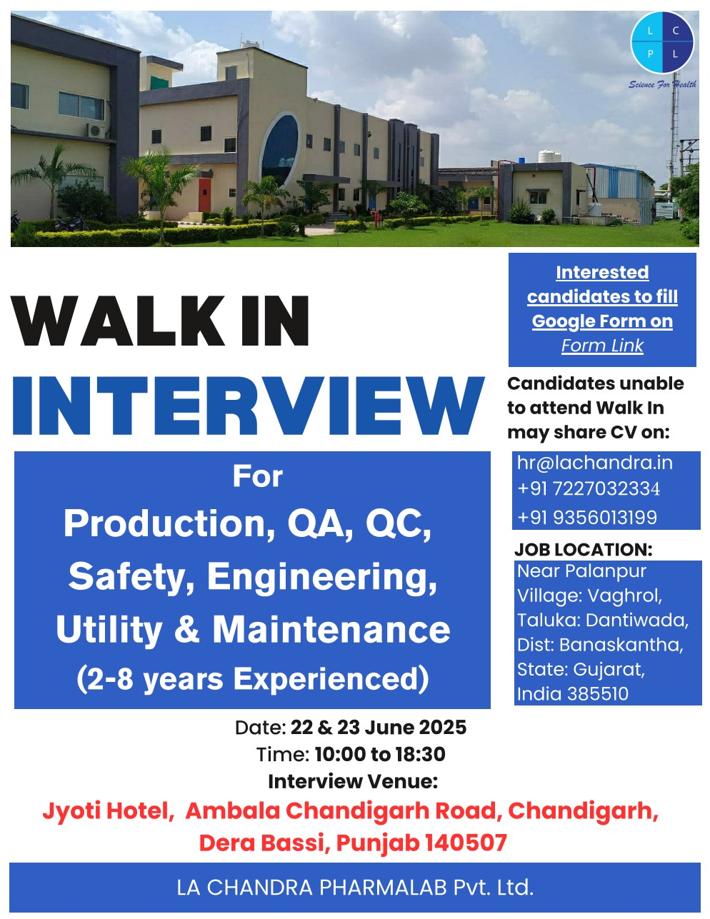 LA Chandra Pharmalab Walk-In Interview in Chandigarh on 22nd & 23rd June 2025 for Pharma Jobs – Apply Now!