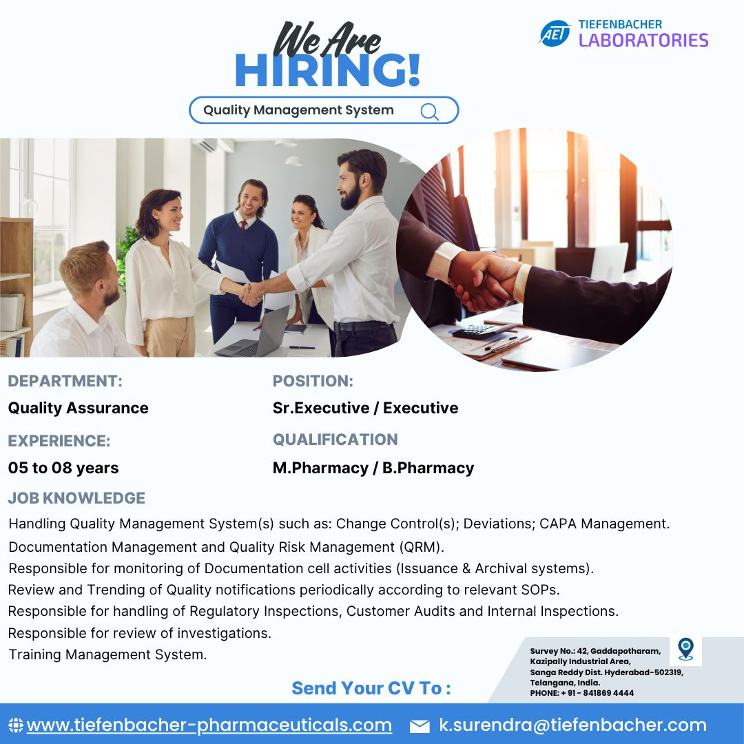 Tiefenbacher Laboratories Hiring for Quality Assurance Executive/Sr. Executive Roles in Hyderabad – Apply Now