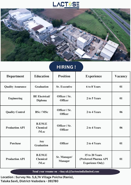 Lactose India API Jobs 2025: Hiring for QA, QC, Engineering, Purchase & Production Roles in Gujarat