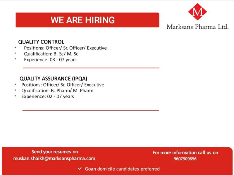 Marksans Pharma Hiring for QA and QC Departments | Officer to Executive Roles – Apply Now