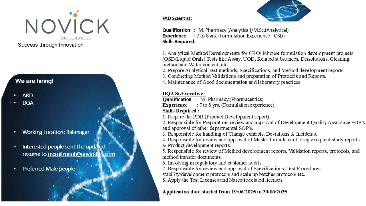 Novick Biosciences Hiring | High-Paying FAD & DQA Pharma Jobs in Hyderabad 2025 | Apply Now