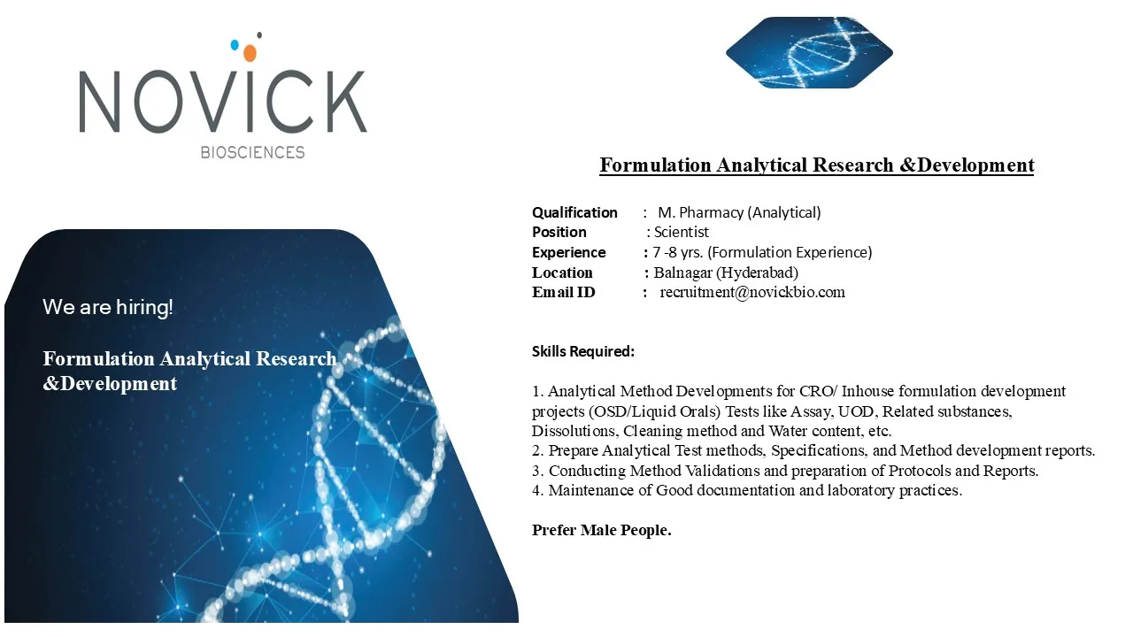 Novick Biosciences Hiring for Formulation AR&D Scientist Role in Hyderabad | Apply Now