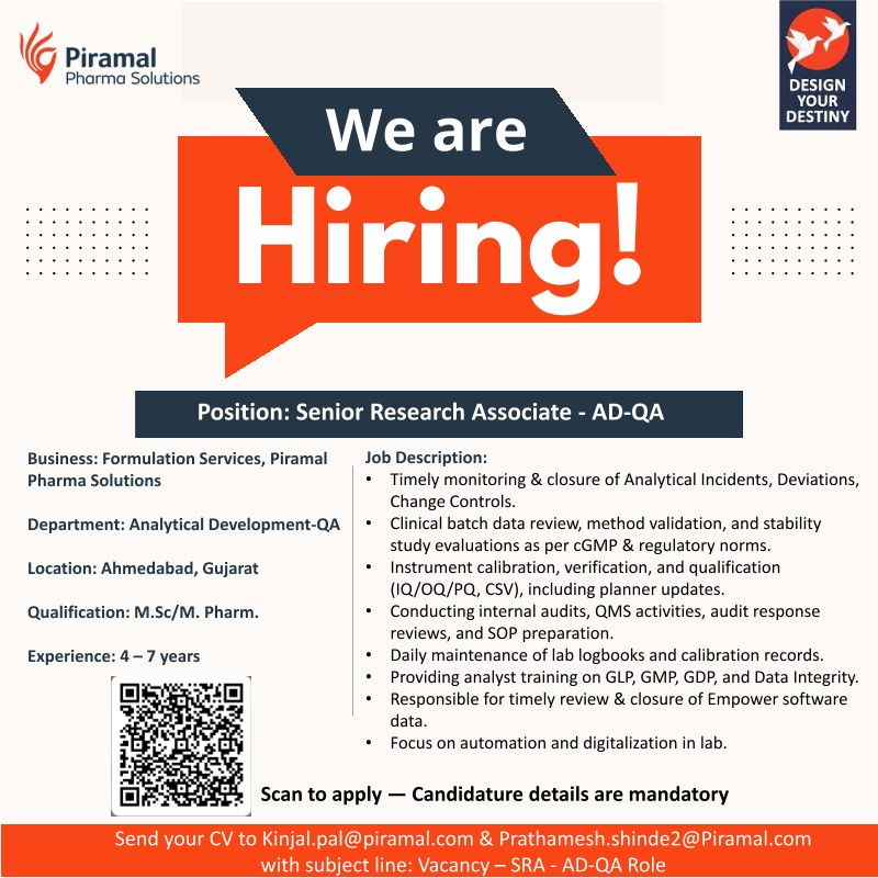 Piramal Pharma Hiring Senior Research Associates | M.Sc./M.Pharm | Analytical & Formulation Roles