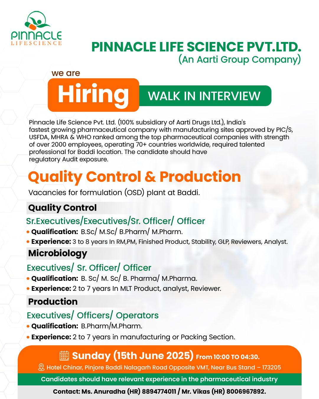 Pinnacle Life Science Walk-In Interview for QC, Microbiology & Production – Baddi | 15th June 2025