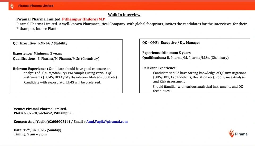 Piramal Pharma Walk-In Interview for QC & QMS Executive Roles in Pithampur on 15th June 2025