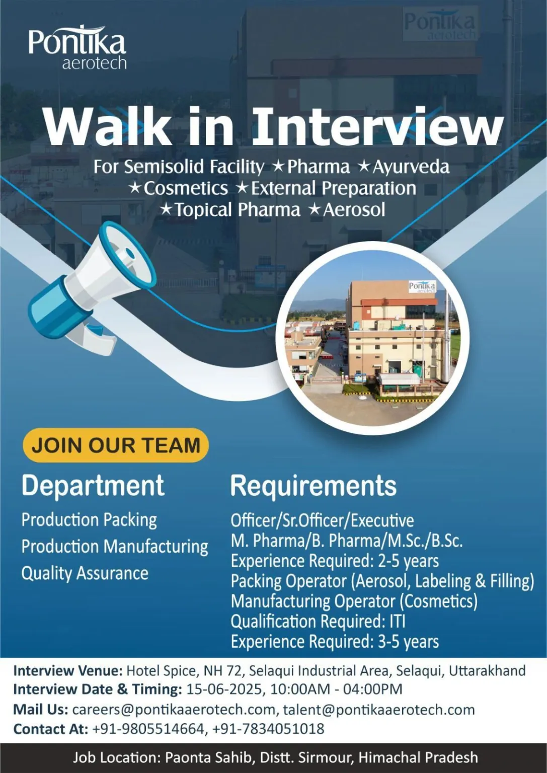 Pontika Aerotech Walk-In Interview 2025: Production, Packing, QA Officer & Operator Jobs in Paonta Sahib, Himachal Pradesh