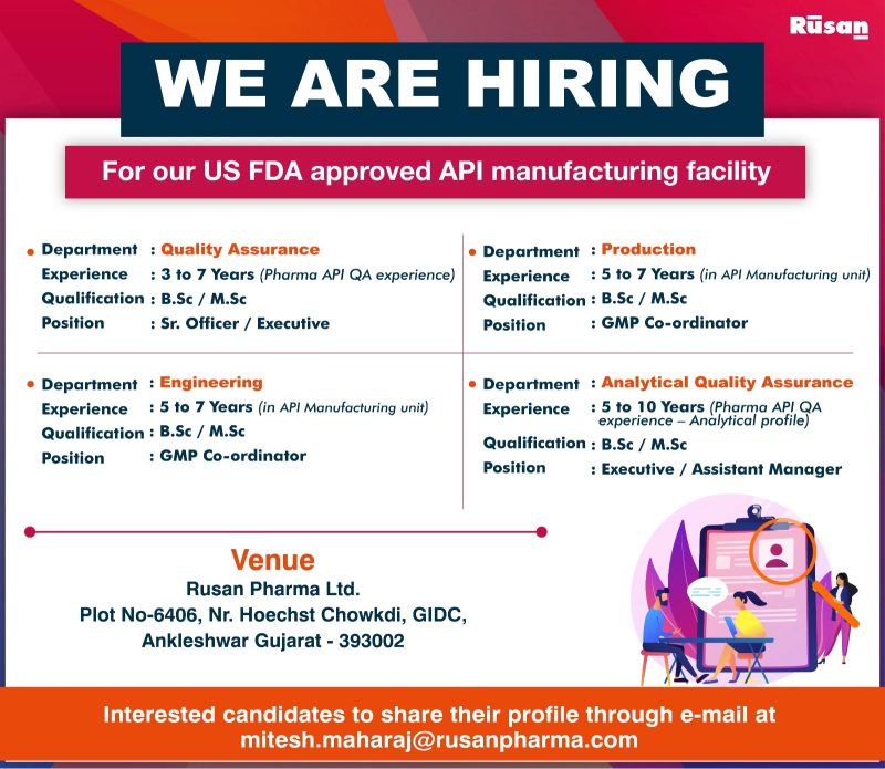 Rusan Pharma Hiring for QA, Engineering, Production & AQA Roles | API Facility Jobs in Ankleshwar