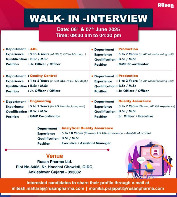 Rusan Pharma Walk-In Interview 2025: Hiring for ADL, QC, Engineering, QA & Production Departments in Ankleshwar