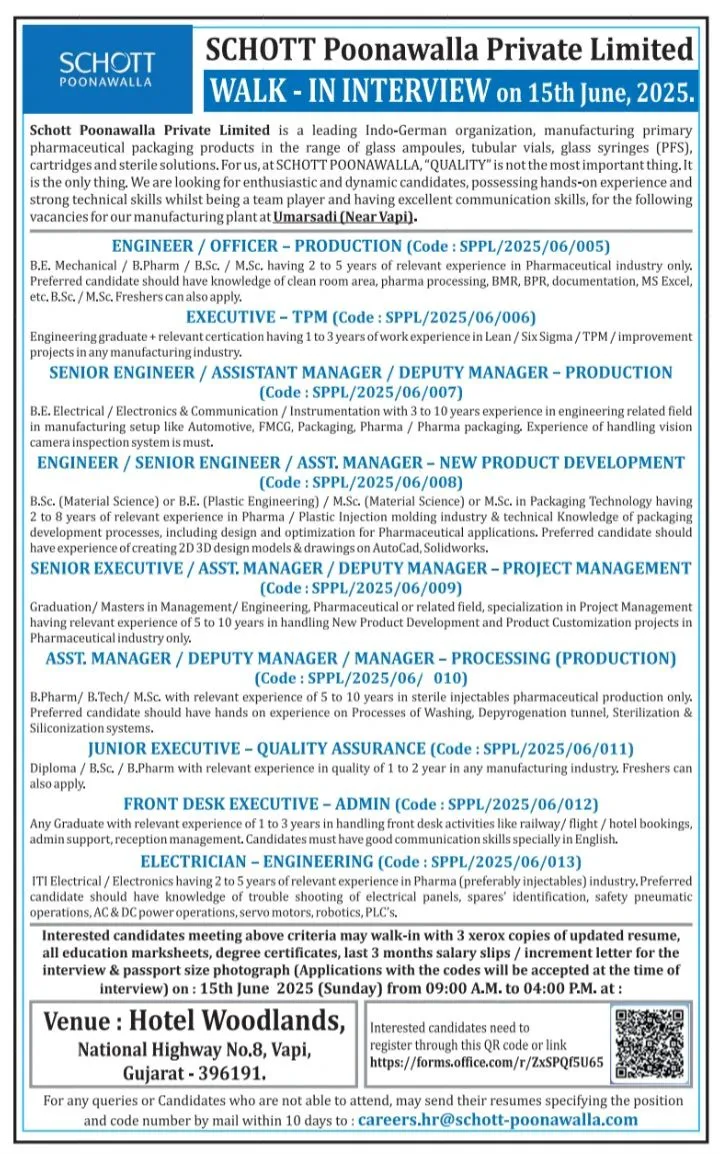 Schott Poonawalla Walk-In Drive in Vapi on 15th June 2025 | Hiring for QA, Production, Engineering, TPM & Admin Roles