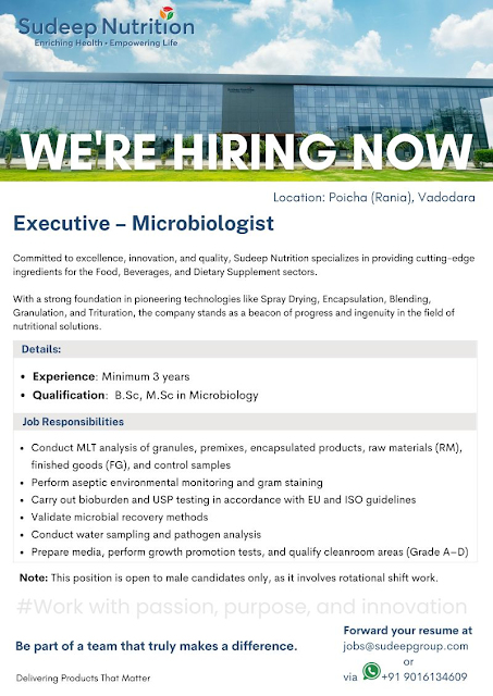Sudeep Nutrition Hiring Microbiologist – Apply for Executive Role in Vadodara (Poicha), 2025