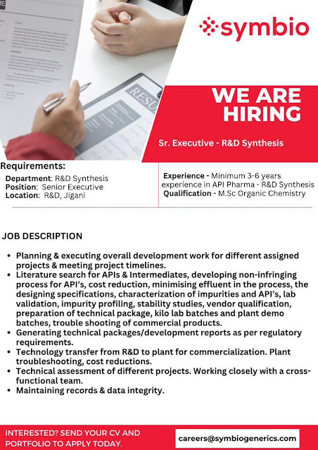 Symbio Generics Hiring Senior Executive – R&D Synthesis (API) | M.Sc Organic Chemistry Jobs in Jigani
